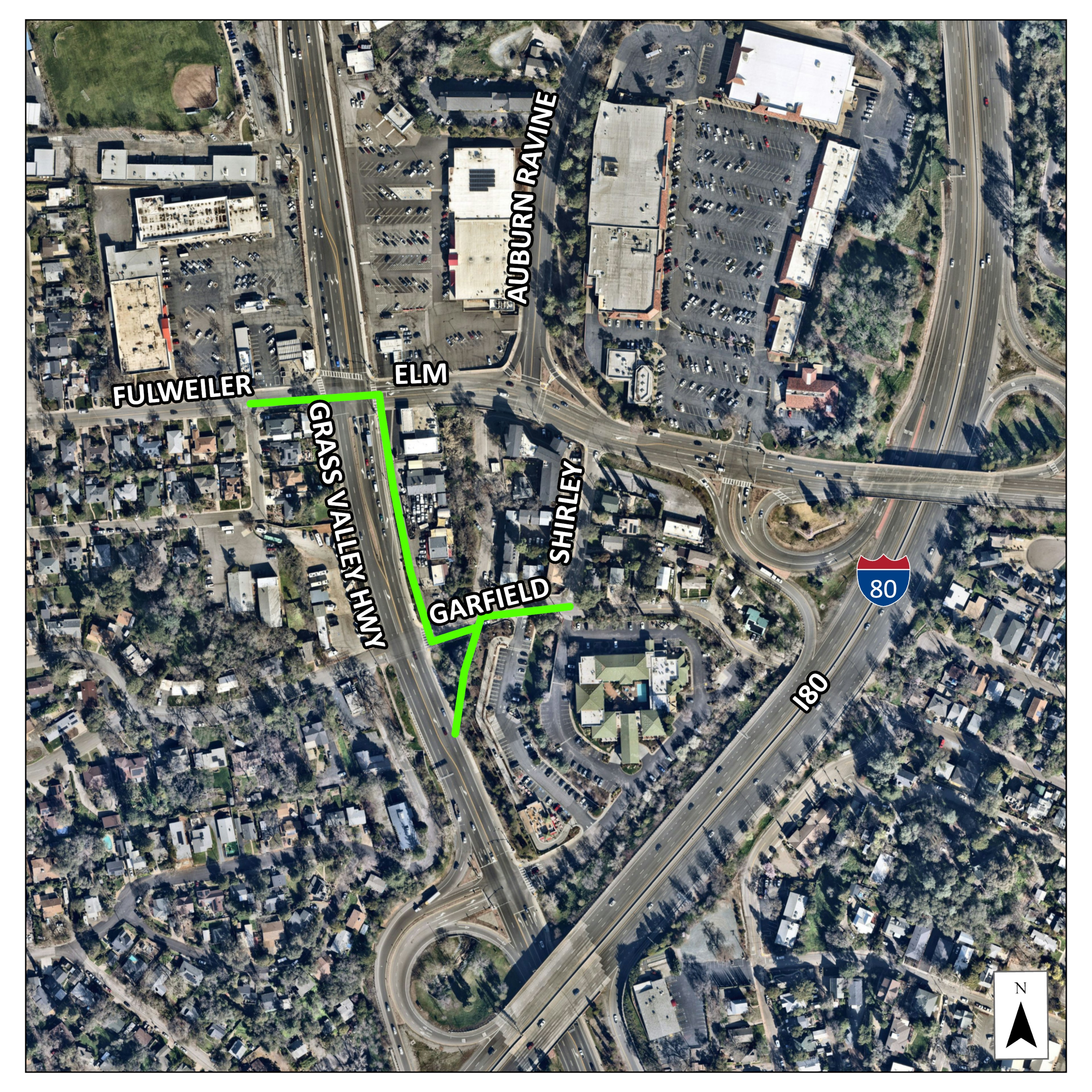 Aerial map of the Fulweiler to Garfield pipeline project area in Auburn, running from Fulweiler Avenue across Grass Valley Highway (Highway 49) to Garfield Street near Shirley Avenue