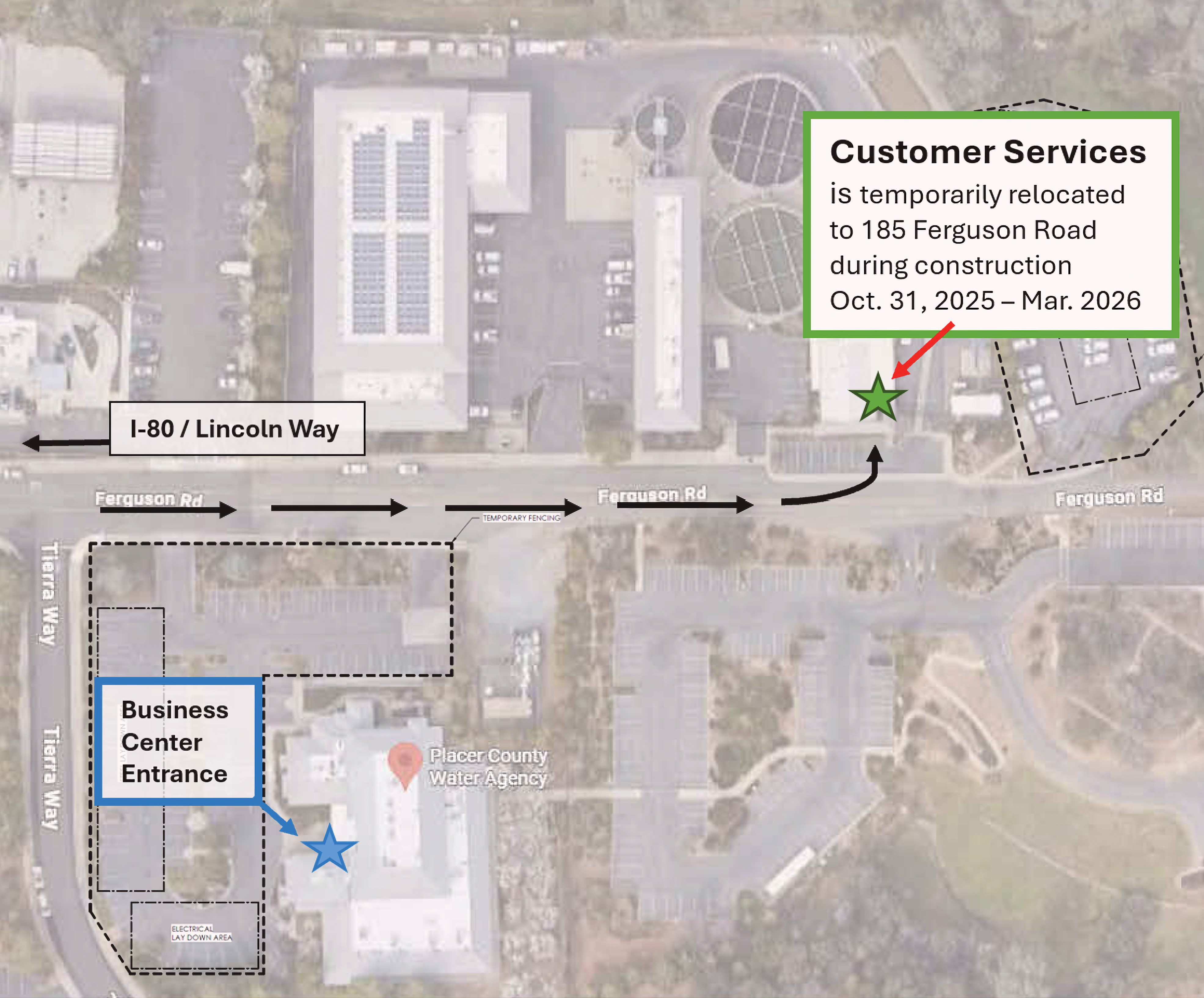 Map of parking areas, fenced construction zones, and walking routes
